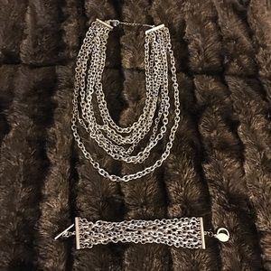 Silver layered fashion necklace and bracelet set
